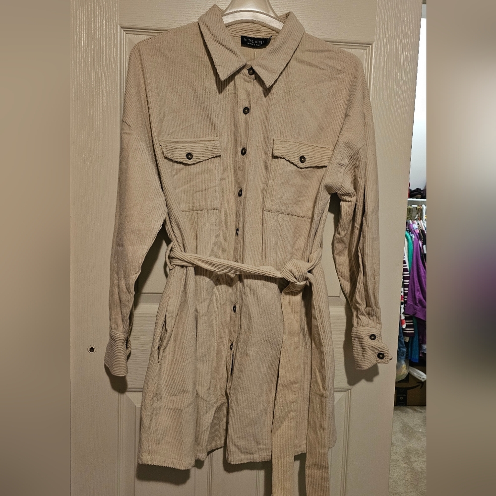 Cream Beige Tan Corduroy Shirt Dress W/belt Sz 14 NWT